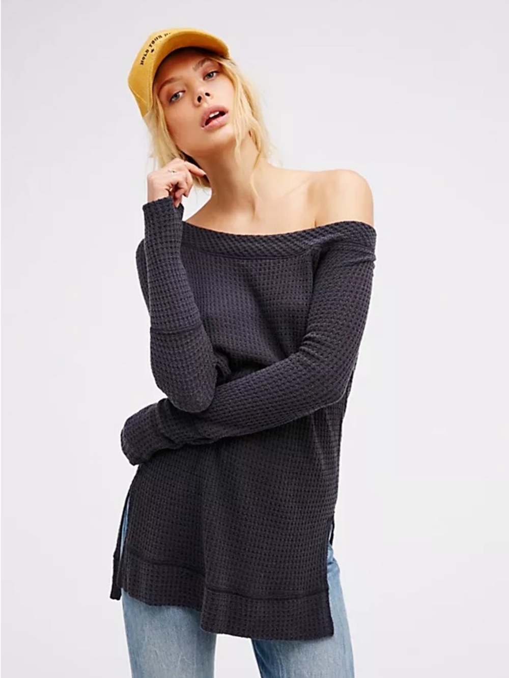 NWT XS Free People Kate Off-the-Shoulder Waffle Knit Sweater/Tunic in plum  $78